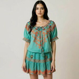 Las Noches Ibiza Beaded Embroidered Beach Dress Size Small Tassels Boho Resort